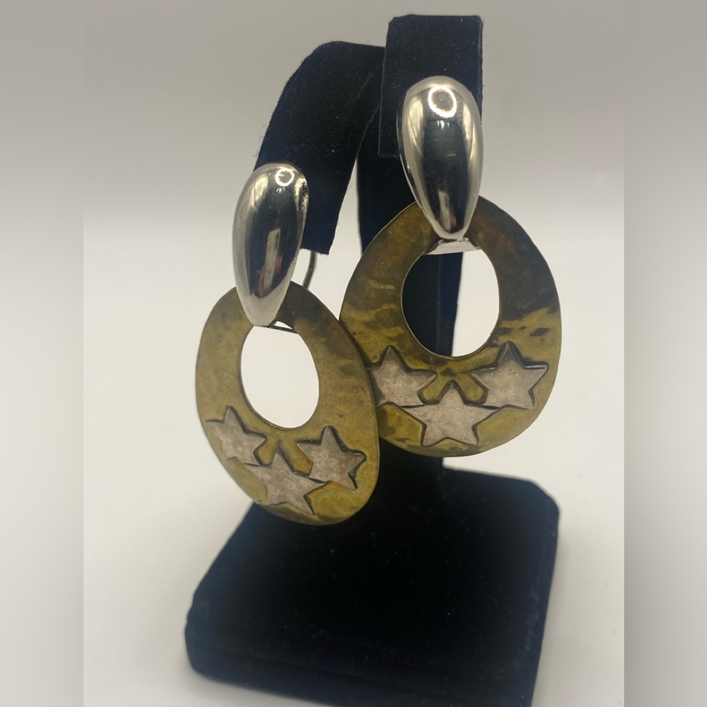 💎JEEP COLLINS💎 Sterling Silver & Brass Star Door Knocker Earrings - Retired